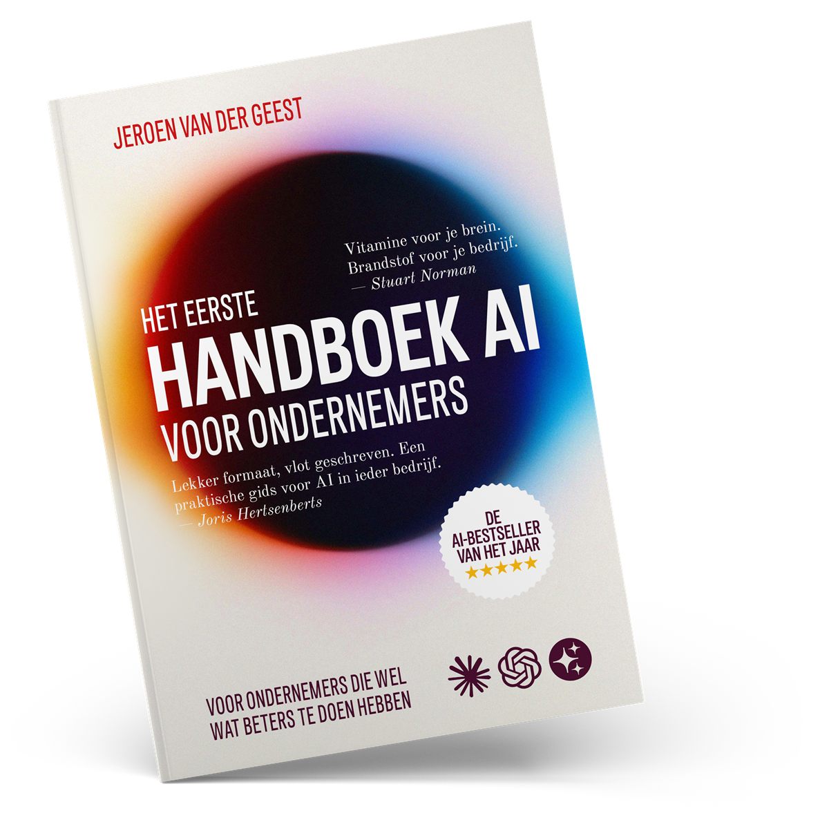 Het eerste Handboek AI voor ondernemers, gebonden boek met een gekleurd verloop op de omslag.