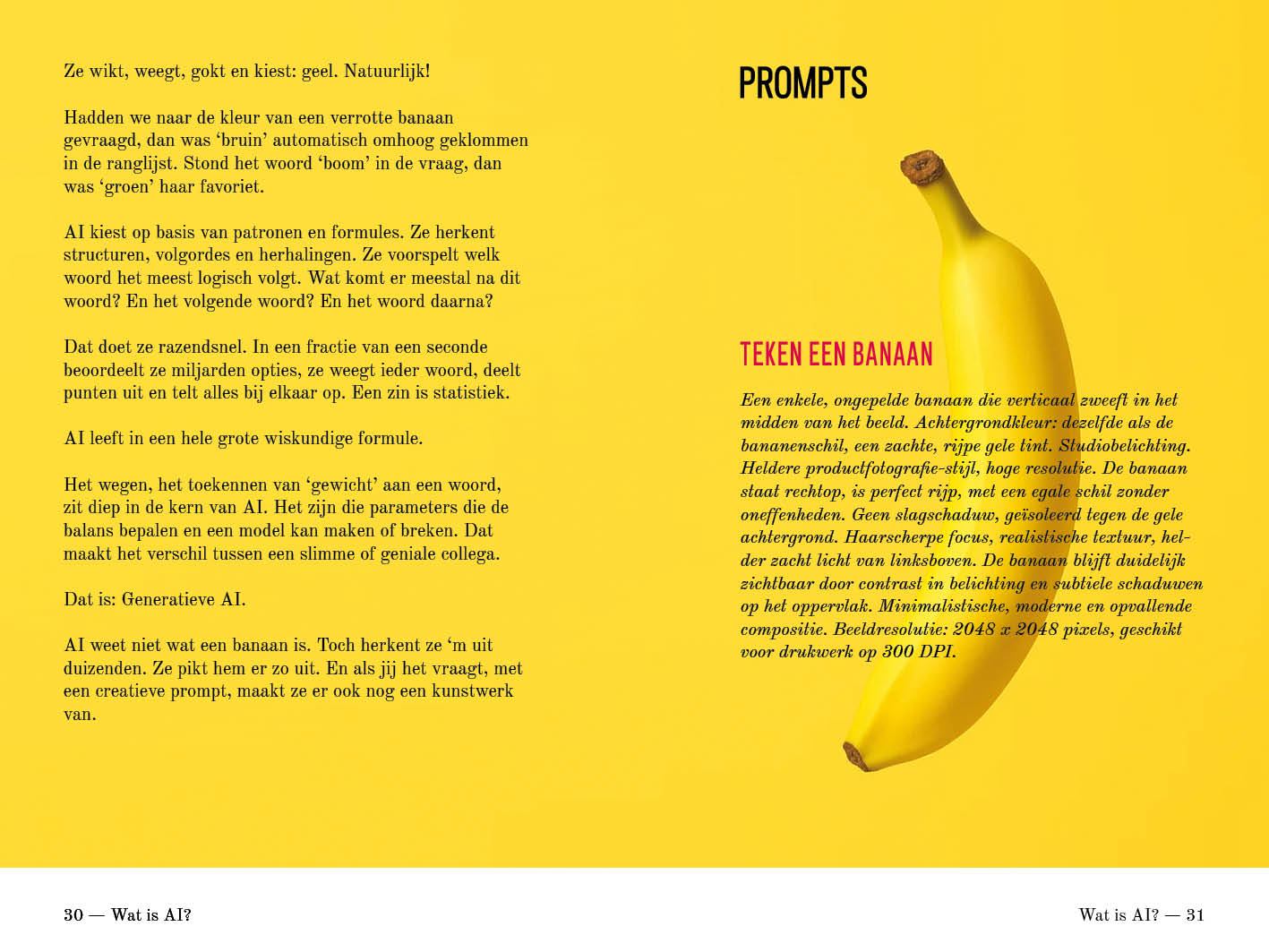 Tekst over hoe AI werkt naast de prompt 'Teken een banaan', pagina 30 en 31.