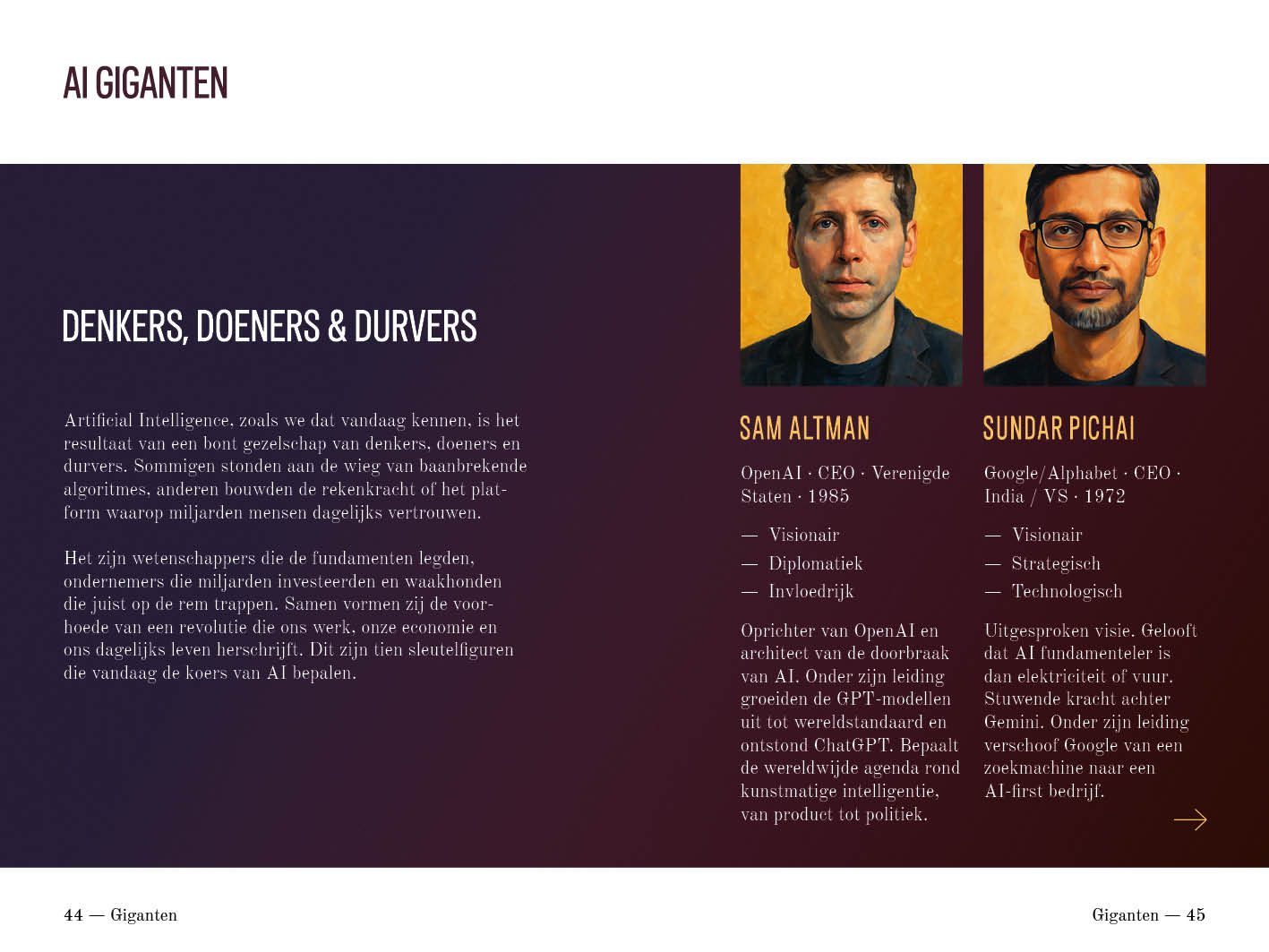 Het hoofdstuk Giganten met portretten van Sam Altman en Sundar Pichai, pagina 44 en 45.