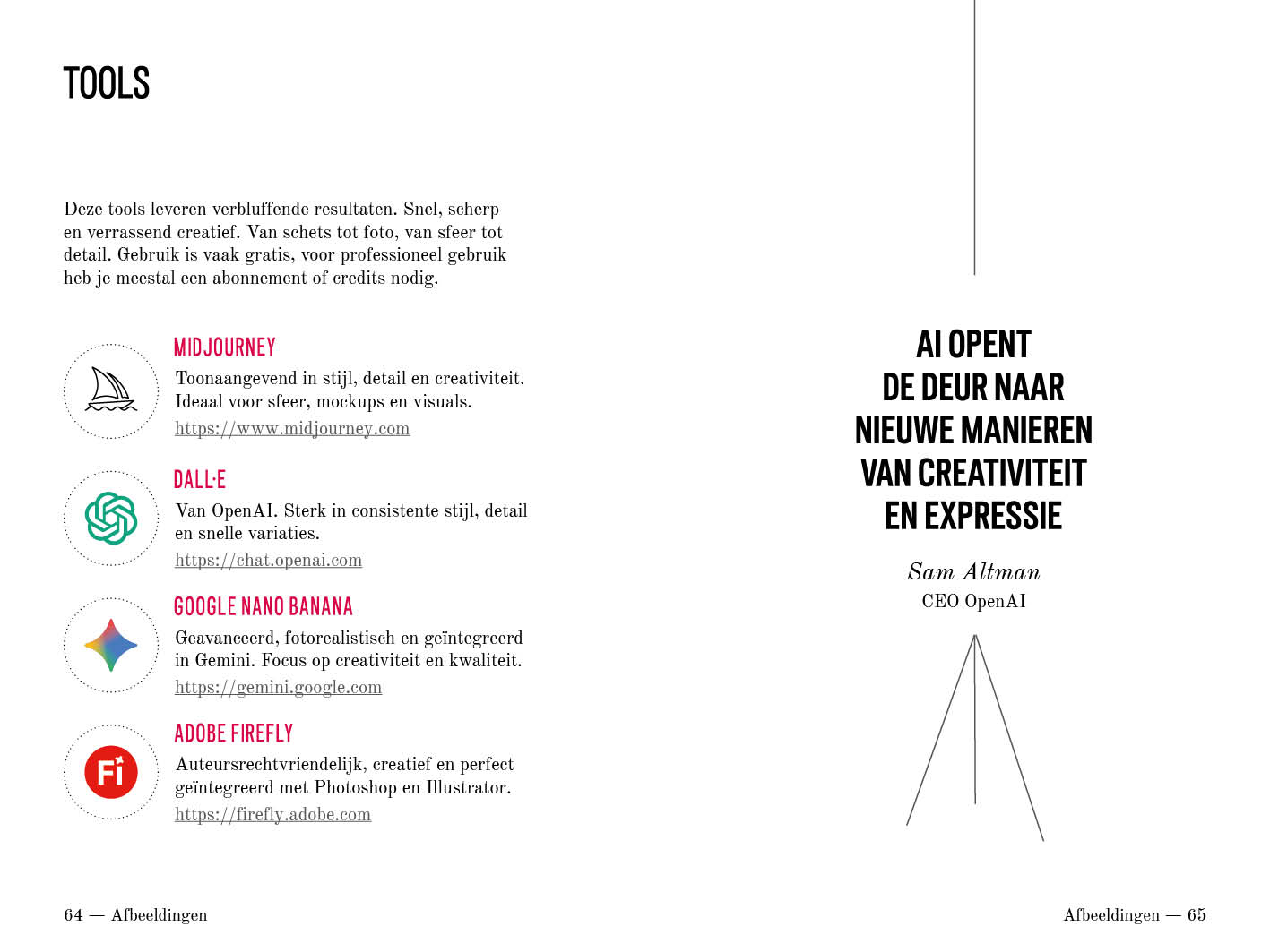 Tools voor afbeeldingen: Midjourney, DALL·E, Google Nano Banana en Adobe Firefly, pagina 64 en 65.