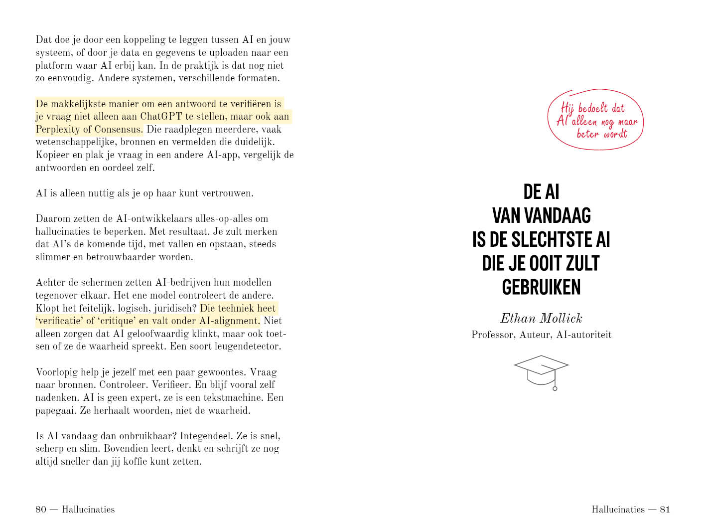 Pagina over hallucinaties naast het citaat van Ethan Mollick, pagina 80 en 81.