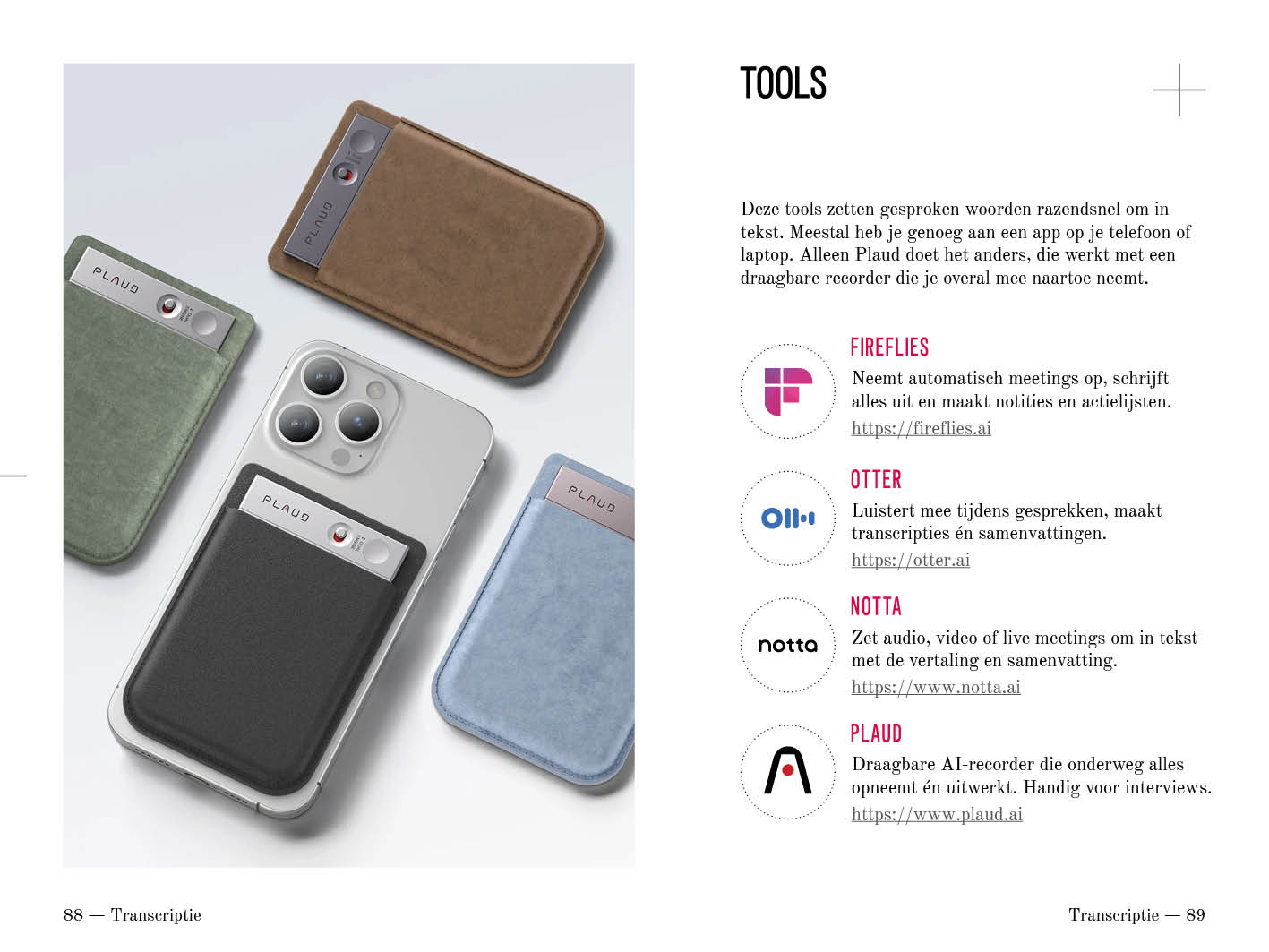 Plaud-recorders naast tools voor transcriptie: Fireflies, Otter, Notta en Plaud, pagina 88 en 89.