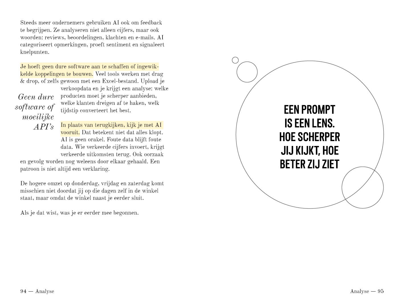 Tekstpagina over analyse naast de uitspraak 'Een prompt is een lens', pagina 94 en 95.
