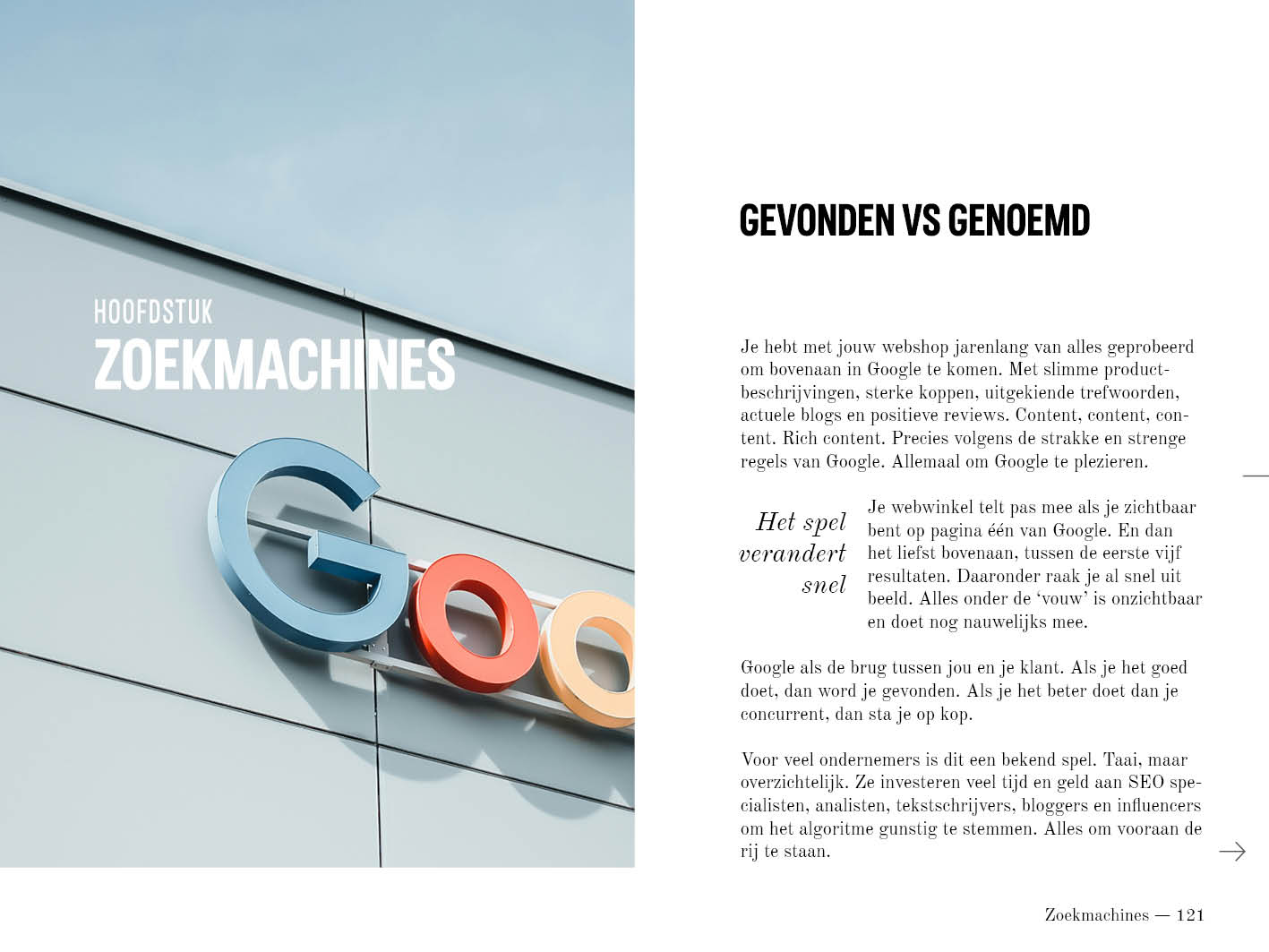 Hoofdstukopening Zoekmachines naast 'gevonden versus genoemd', pagina 120 en 121.