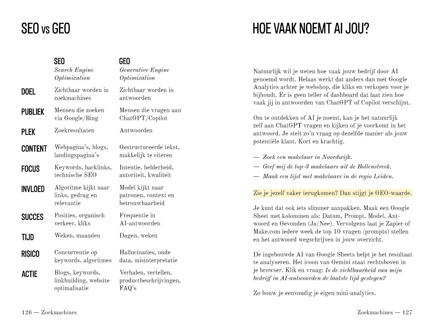 Vergelijking van SEO en GEO naast de pagina 'Hoe vaak noemt AI jou?', pagina 126 en 127.