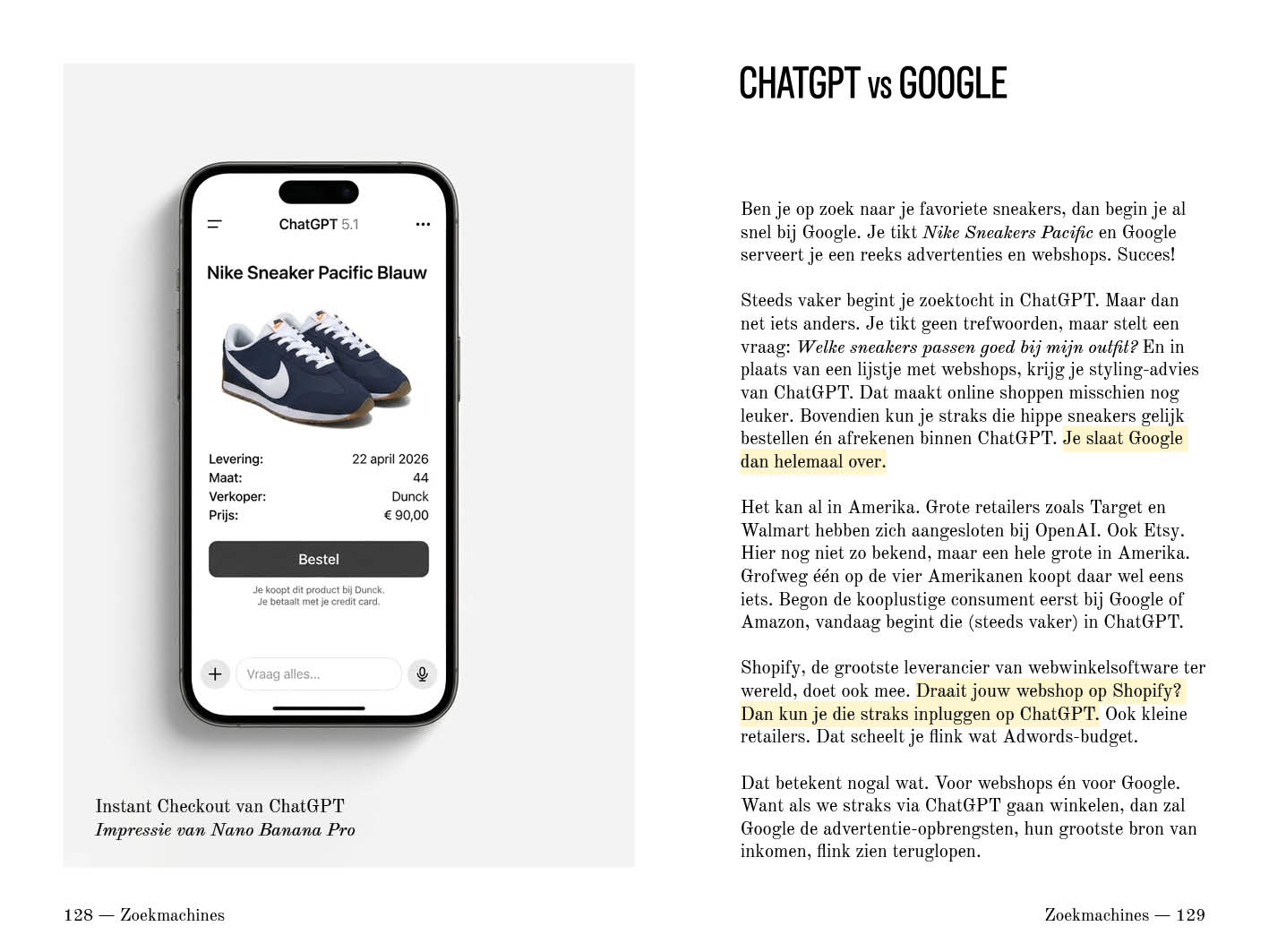 Instant Checkout in ChatGPT naast de vergelijking ChatGPT versus Google, pagina 128 en 129.