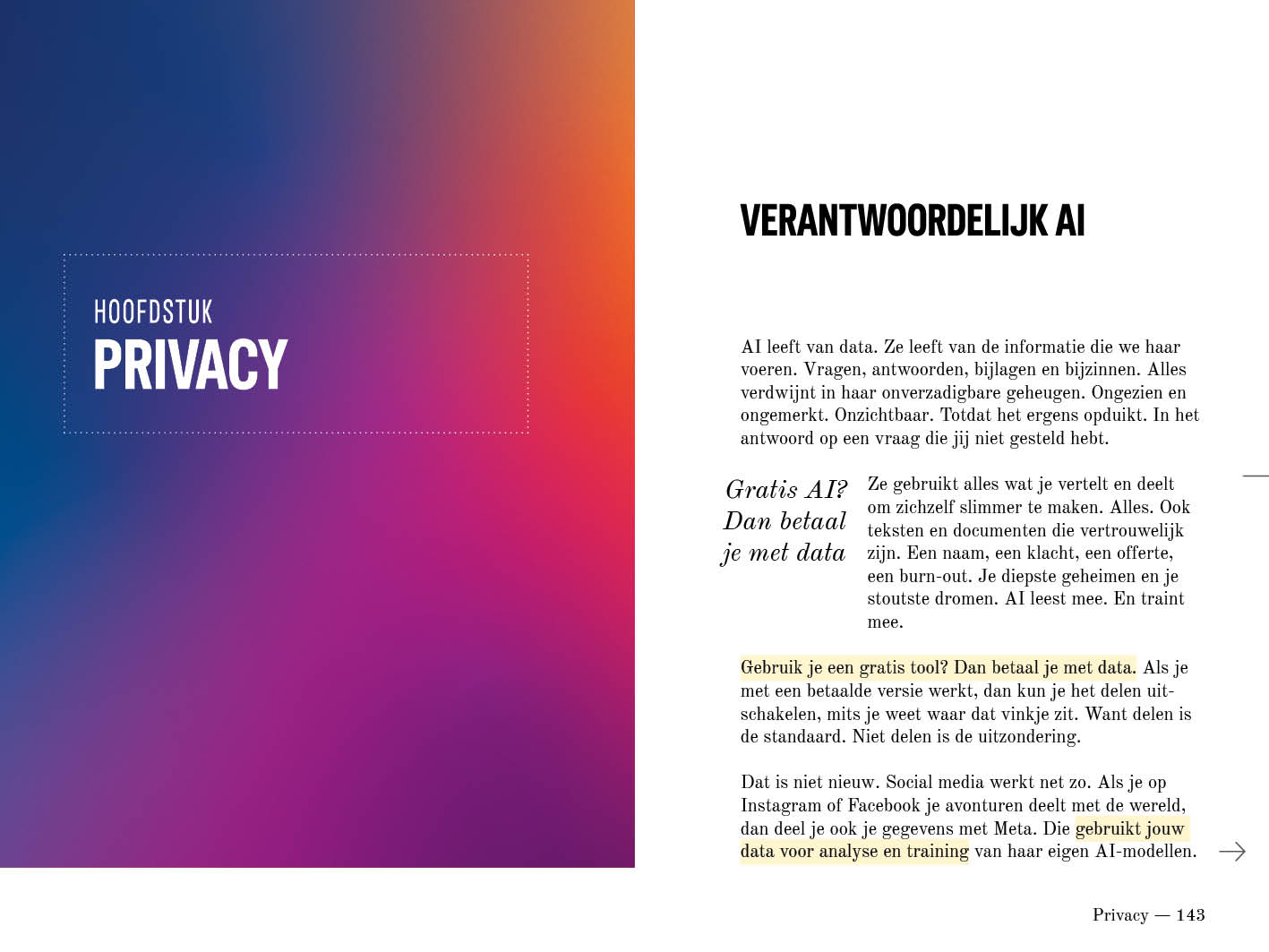 Hoofdstukopening Privacy naast de pagina over verantwoordelijke AI, pagina 142 en 143.