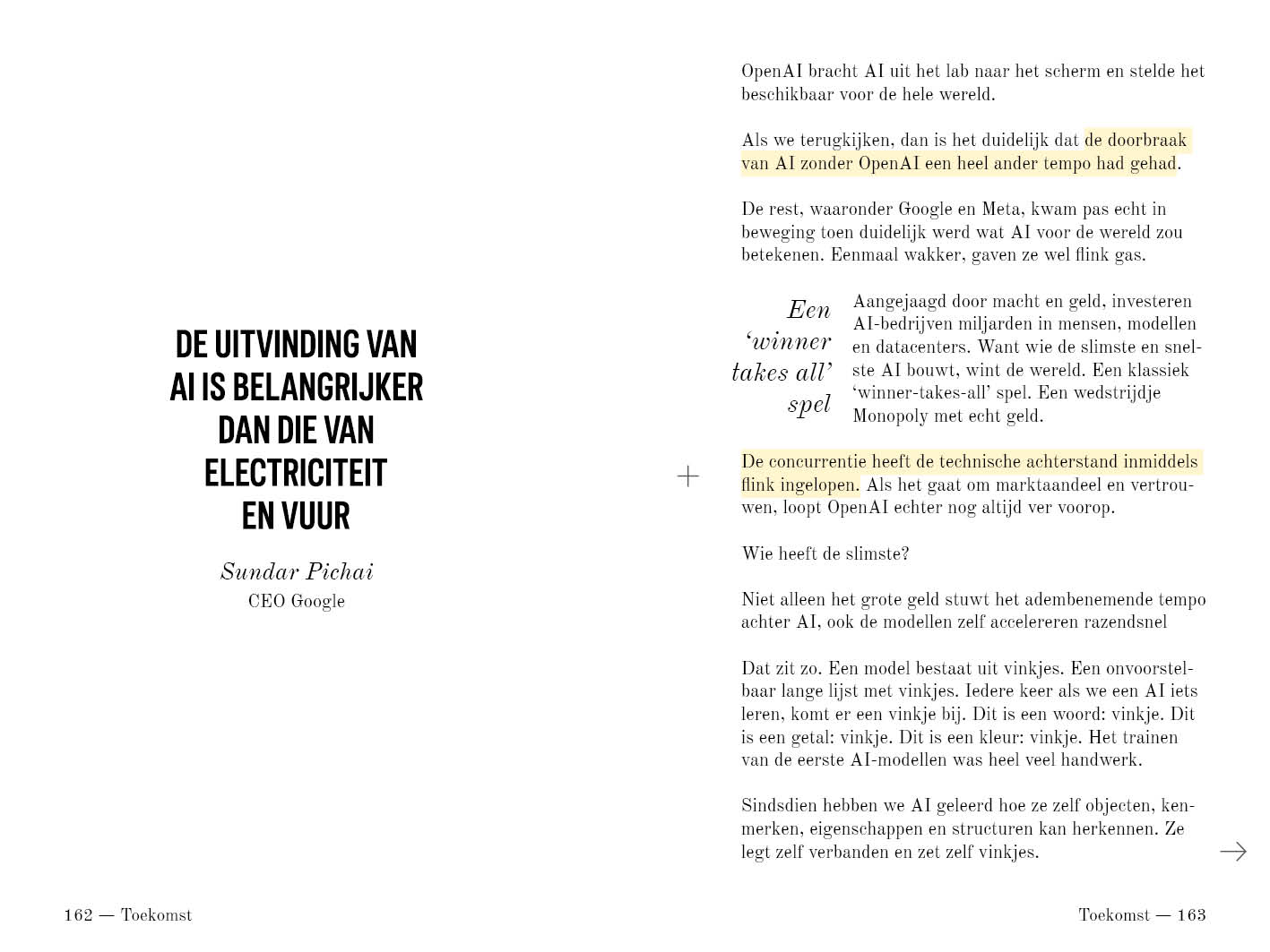 De uitspraak van Sundar Pichai over AI, elektriciteit en vuur, pagina 162 en 163.